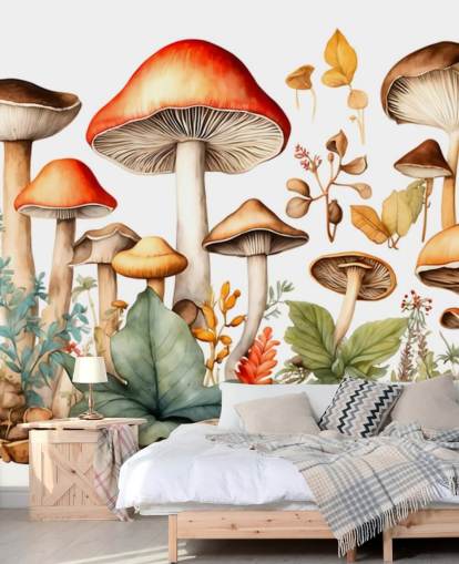 colorful custom mushroom wall mural called Watercolor Mushrooms 