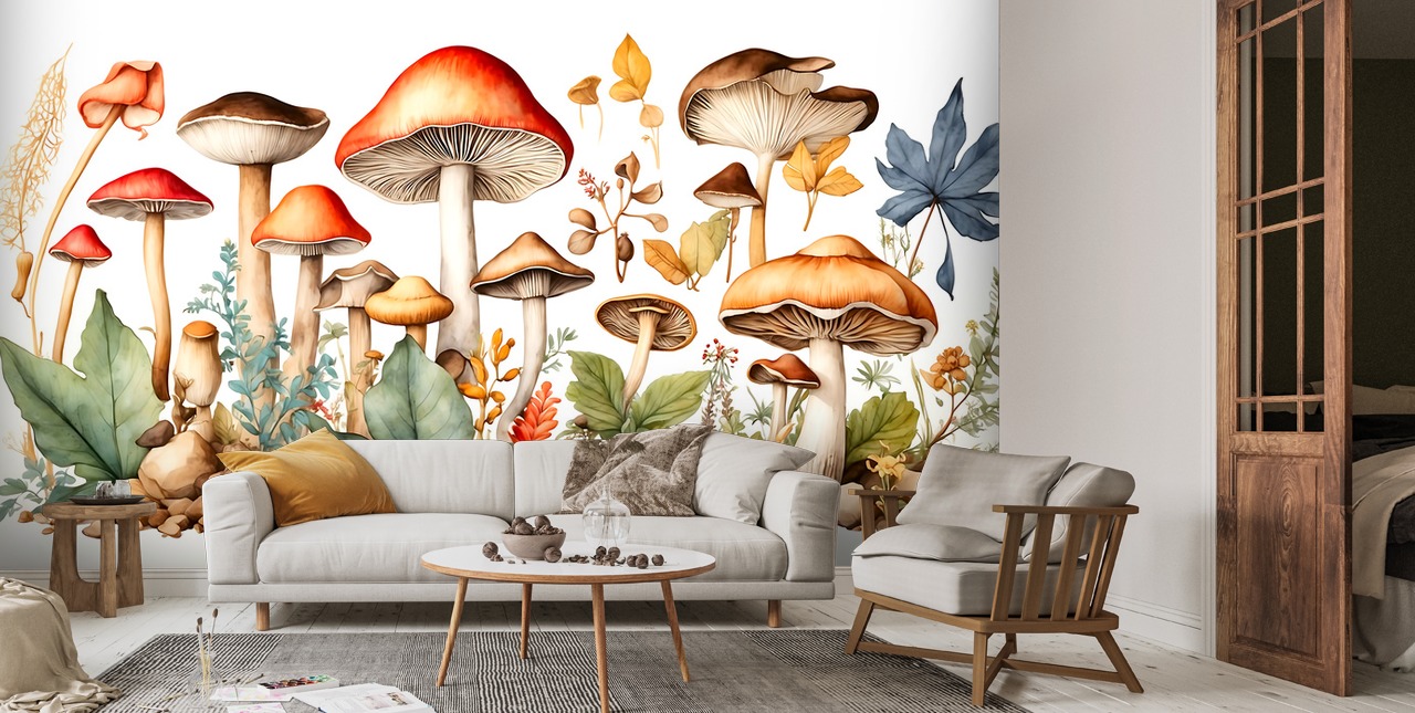 Watercolour Mushrooms Wallpaper Mural | Wallsauce AU