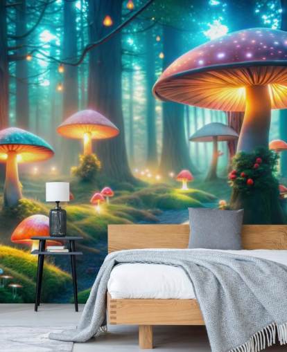 mural de papel de parede infantil colorido chamado Magical Mushrooms para quartos infantis