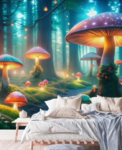 colorido mural de papel pintado infantil llamado Magical Mushrooms para dormitorios infantiles