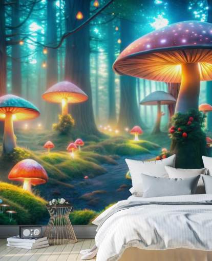 colorido mural de papel pintado infantil llamado Magical Mushrooms para dormitorios infantiles