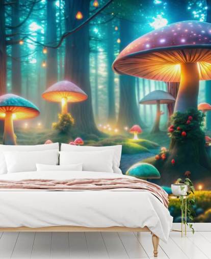 carta da parati murale colorata per bambini chiamata Magical Mushrooms per le camerette dei bambini