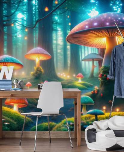 kleurrijke kinderbehangmuurschildering genaamd Magical Mushrooms voor kinderkamers kleurrijke kinderbehangmuurschildering genaamd Magical Mushrooms voor kinderkamers