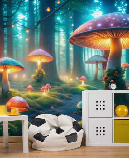 Buntes Tapeten-Wandbild für Kinder namens Magical Mushrooms für Kinderzimmer