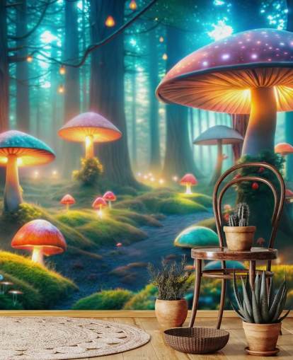 colorido mural de papel pintado infantil llamado Magical Mushrooms para dormitorios infantiles