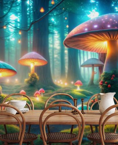 mural de papel de parede infantil colorido chamado Magical Mushrooms para quartos infantis