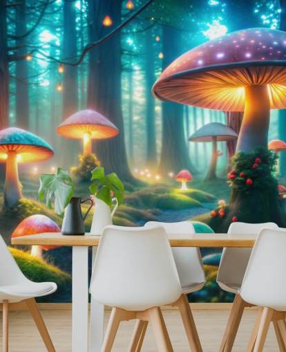 colorido mural de papel pintado infantil llamado Magical Mushrooms para dormitorios infantiles