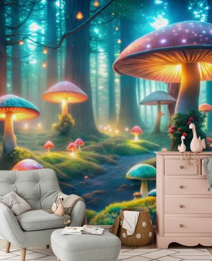 colorido mural de papel pintado infantil llamado Magical Mushrooms para dormitorios infantiles
