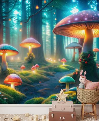 carta da parati murale colorata per bambini chiamata Magical Mushrooms per le camerette dei bambini