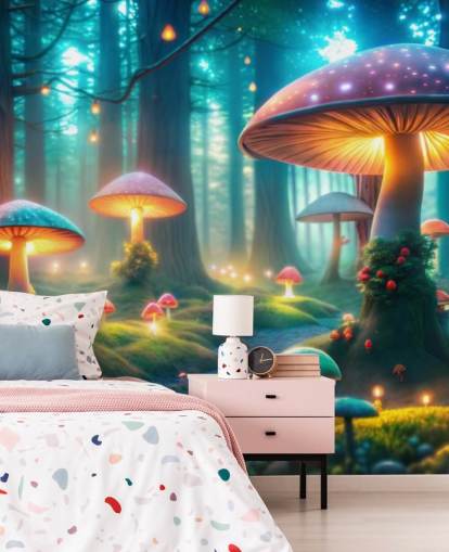 carta da parati murale colorata per bambini chiamata Magical Mushrooms per le camerette dei bambini