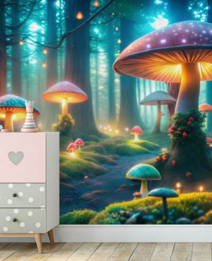 Buntes Tapeten-Wandbild für Kinder namens Magical Mushrooms für Kinderzimmer