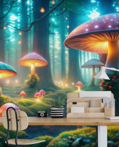 colorido mural de papel pintado infantil llamado Magical Mushrooms para dormitorios infantiles