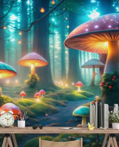 colorido mural de papel pintado infantil llamado Magical Mushrooms para dormitorios infantiles