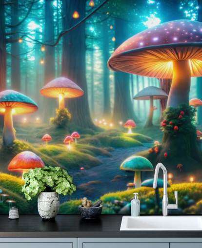 colorful kids wallpaper mural called Magical Mushrooms for childrens' bedrooms