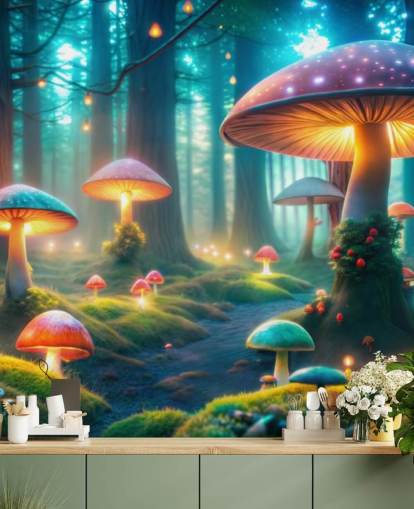 carta da parati murale colorata per bambini chiamata Magical Mushrooms per le camerette dei bambini