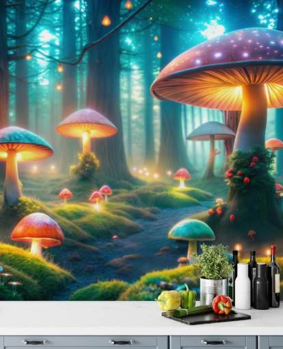 colorido mural de papel pintado infantil llamado Magical Mushrooms para dormitorios infantiles colorido mural de papel pintado infantil llamado Magical Mushrooms para dormitorios infantiles