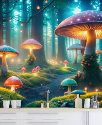 fargerikt barnetapetmaleri kalt Magical Mushrooms for barnas soverom fargerikt barnetapetmaleri kalt Magical Mushrooms for barnas soverom