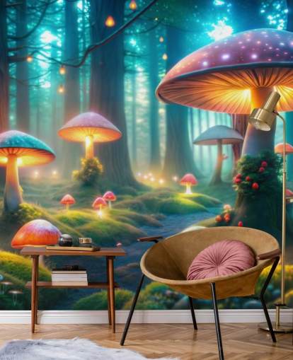 carta da parati murale colorata per bambini chiamata Magical Mushrooms per le camerette dei bambini
