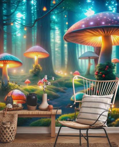 colorido mural de papel pintado infantil llamado Magical Mushrooms para dormitorios infantiles