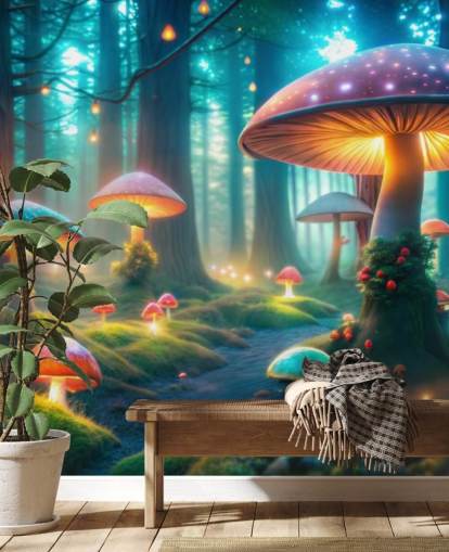 mural de papel de parede infantil colorido chamado Magical Mushrooms para quartos infantis