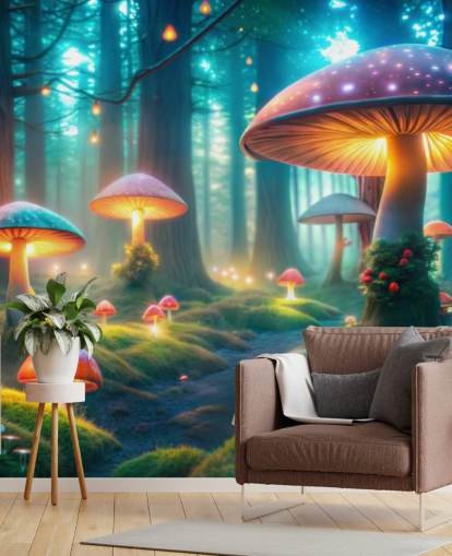 fargerikt barnetapetmaleri kalt Magical Mushrooms for barnas soverom