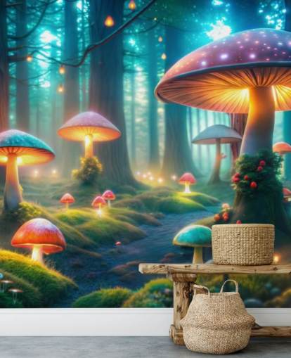colorido mural de papel pintado infantil llamado Magical Mushrooms para dormitorios infantiles