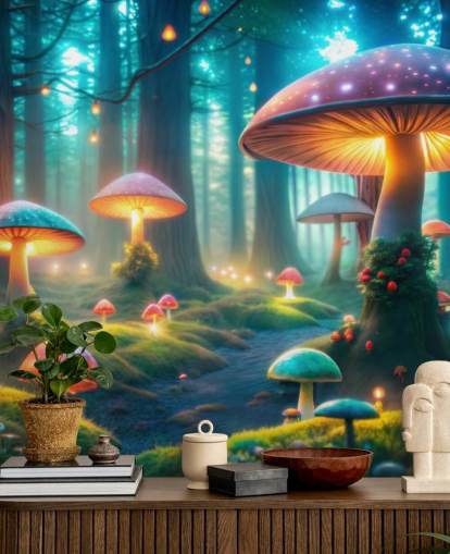 colorido mural de papel pintado infantil llamado Magical Mushrooms para dormitorios infantiles colorido mural de papel pintado infantil llamado Magical Mushrooms para dormitorios infantiles