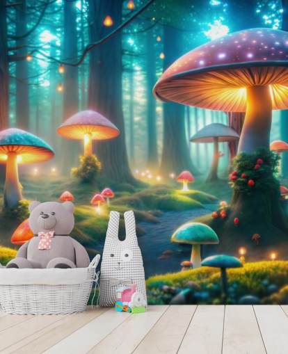 mural de papel de parede infantil colorido chamado Magical Mushrooms para quartos infantis mural de papel de parede infantil colorido chamado Magical Mushrooms para quartos infantis