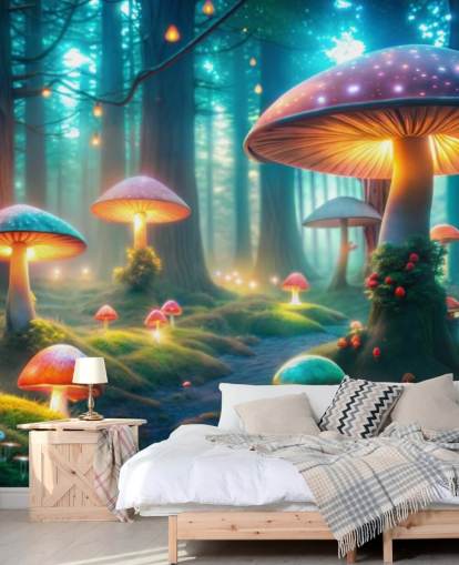 kleurrijke kinderbehangmuurschildering genaamd Magical Mushrooms voor kinderkamers
