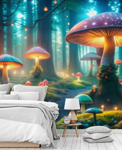 colorido mural de papel pintado infantil llamado Magical Mushrooms para dormitorios infantiles colorido mural de papel pintado infantil llamado Magical Mushrooms para dormitorios infantiles