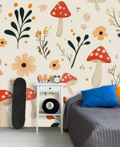 rød og hvid champignon tapet vægmaleri kaldet Charming Cartoon Mushroom til børns soveværelser og planteskoler rød og hvid champignon tapet vægmaleri kaldet Charming Cartoon Mushroom til børns soveværelser og planteskoler