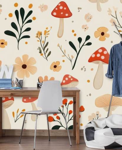 rood-witte paddenstoelbehangmuurschildering genaamd Charming Cartoon Mushroom voor kinderkamers en kinderdagverblijven