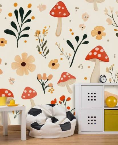 rot-weiße Pilz-Wandtapete namens Charming Cartoon Mushroom für Kinderzimmer und Kinderzimmer