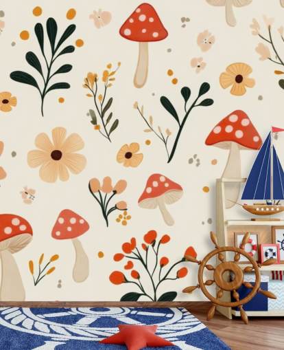 rødt og hvitt sopp tapet veggmaleri kalt Charming Cartoon Mushroom for barnas soverom og barnehager