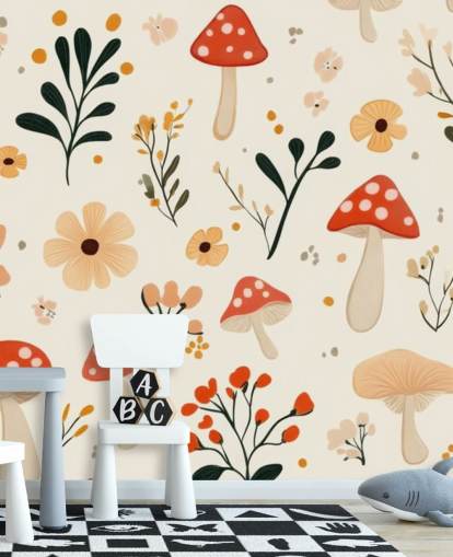 red and white mushroom wallpaper mural called Charming Cartoon Mushroom for kids bedrooms and nurseries