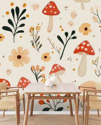rot-weiße Pilz-Wandtapete namens Charming Cartoon Mushroom für Kinderzimmer und Kinderzimmer