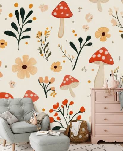 rødt og hvitt sopp tapet veggmaleri kalt Charming Cartoon Mushroom for barnas soverom og barnehager rødt og hvitt sopp tapet veggmaleri kalt Charming Cartoon Mushroom for barnas soverom og barnehager