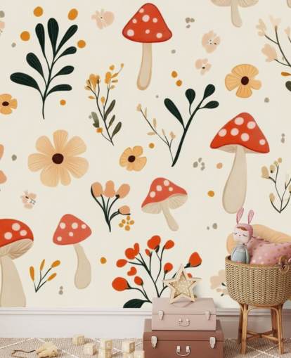 mural de papel de parede de cogumelos vermelhos e brancos chamado Charming Cartoon Mushroom para crianças, quartos e creches