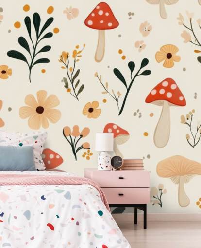 red and white mushroom wallpaper mural called Charming Cartoon Mushroom for kids bedrooms and nurseries red and white mushroom wallpaper mural called Charming Cartoon Mushroom for kids bedrooms and nurseries