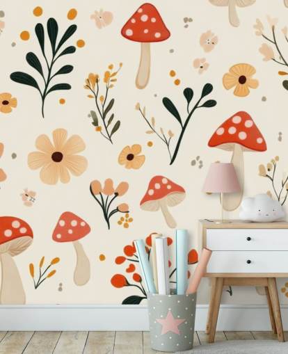 red and white mushroom wallpaper mural called Charming Cartoon Mushroom for kids bedrooms and nurseries red and white mushroom wallpaper mural called Charming Cartoon Mushroom for kids bedrooms and nurseries