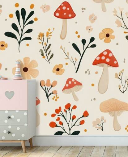 mural de papel de parede de cogumelos vermelhos e brancos chamado Charming Cartoon Mushroom para crianças, quartos e creches