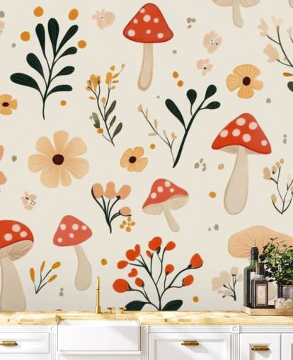 red and white mushroom wallpaper mural called Charming Cartoon Mushroom for kids bedrooms and nurseries red and white mushroom wallpaper mural called Charming Cartoon Mushroom for kids bedrooms and nurseries