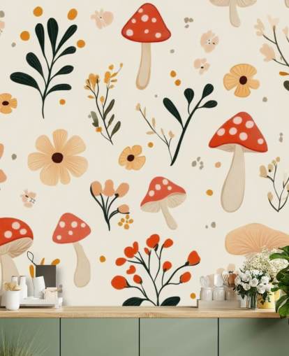 red and white mushroom wallpaper mural called Charming Cartoon Mushroom for kids bedrooms and nurseries