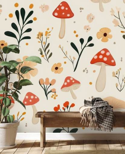 punainen ja valkoinen sieni-taustakuvamaalaus nimeltä Charming Cartoon Mushroom lasten makuuhuoneisiin ja lastentarhoihin punainen ja valkoinen sieni-taustakuvamaalaus nimeltä Charming Cartoon Mushroom lasten makuuhuoneisiin ja lastentarhoihin