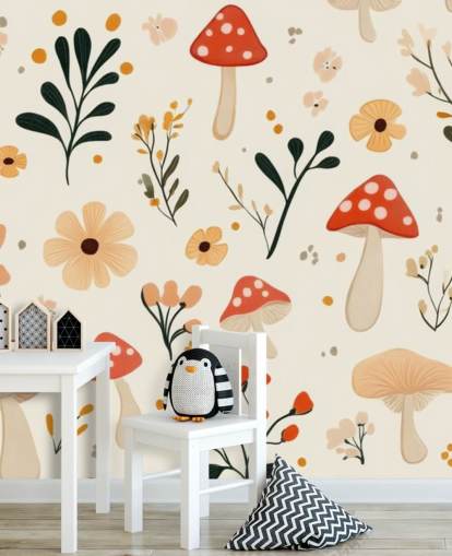 mural de papel pintado de hongos rojos y blancos llamado Charming Cartoon Mushroom para dormitorios y guarderías infantiles mural de papel pintado de hongos rojos y blancos llamado Charming Cartoon Mushroom para dormitorios y guarderías infantiles