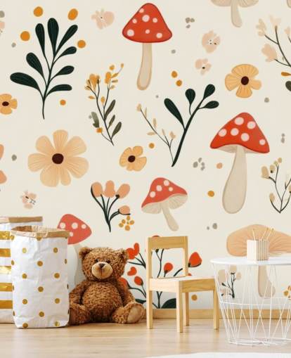 rødt og hvitt sopp tapet veggmaleri kalt Charming Cartoon Mushroom for barnas soverom og barnehager