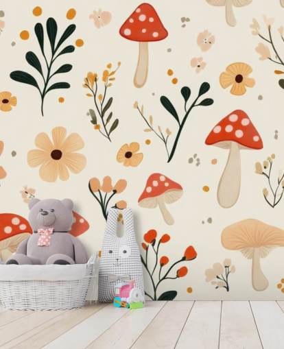 rød og hvid champignon tapet vægmaleri kaldet Charming Cartoon Mushroom til børns soveværelser og planteskoler
