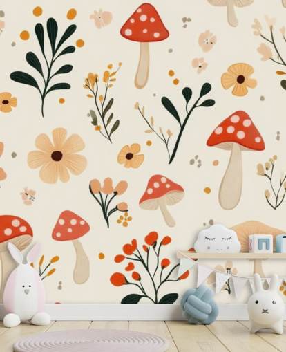rød og hvid champignon tapet vægmaleri kaldet Charming Cartoon Mushroom til børns soveværelser og planteskoler