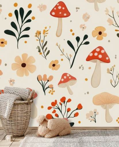 rød og hvid champignon tapet vægmaleri kaldet Charming Cartoon Mushroom til børns soveværelser og planteskoler