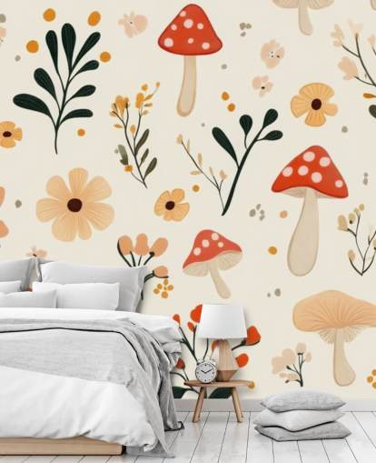 röd och vit svamp tapet väggmålning som heter Charming Cartoon Mushroom för barnens sovrum och plantskolor